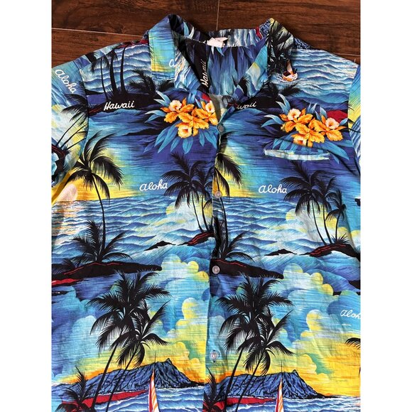 Royal Creations Men’s Hawaiian Shirt XL Blue Sailboat Sunset Tropical Floral - Picture 5 of 10